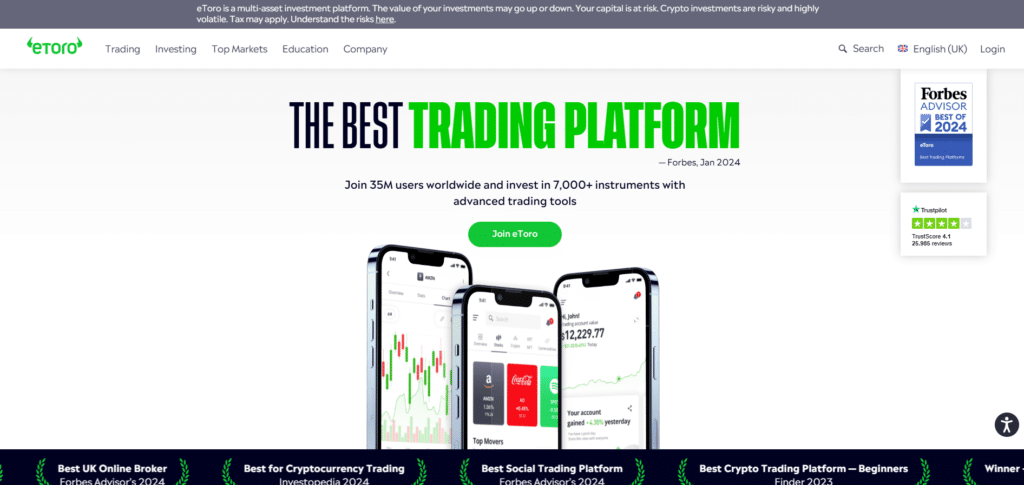 หน้าเว็บไซต์หลัก eToro หน้าเว็บไซต์หลัก eToro